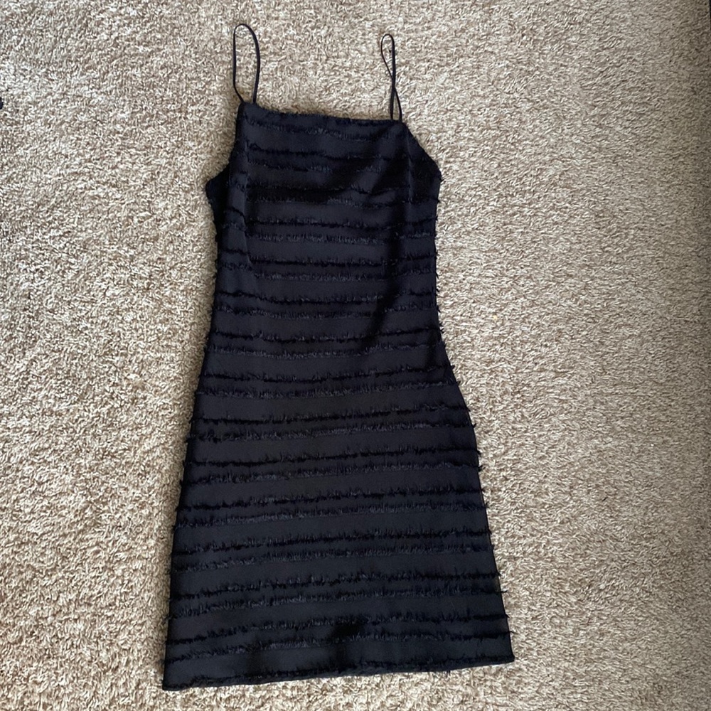 black strappy feather/fur detailed mini dress